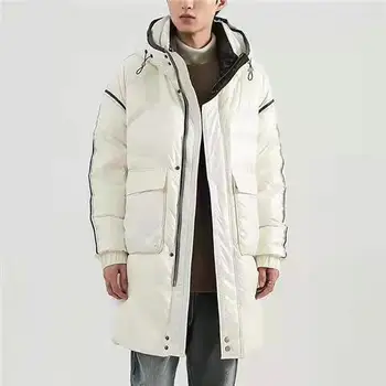 Пуховик средна дължина, мъжки зимни нова яке в бяло утином топола с качулка, свободна от корейска версия, тенденция ежедневни утепленная топло яке